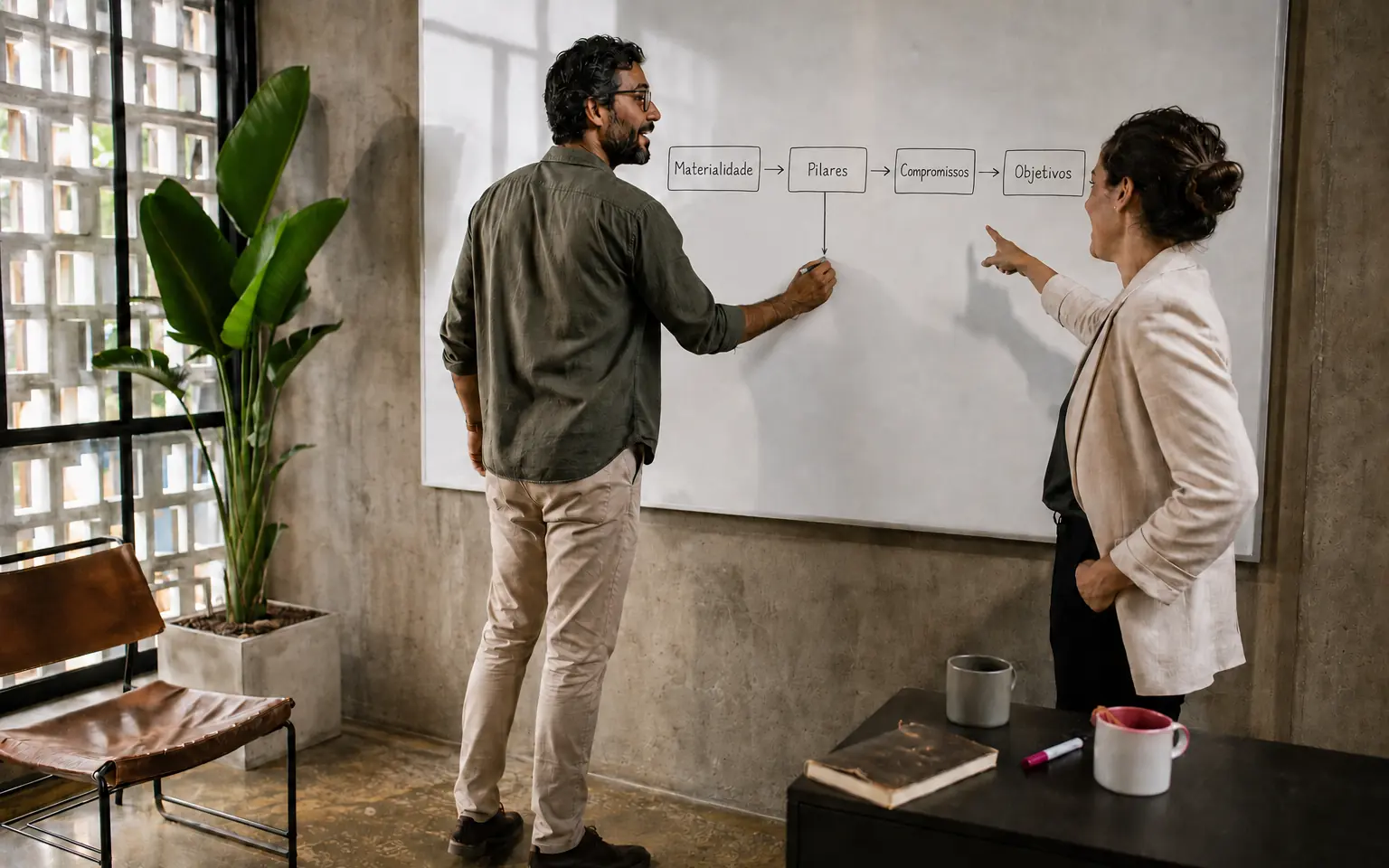 Dois profissionais diante de um quadro branco com o diagrama Materialidade, Pilares, Compromissos e Objetivos