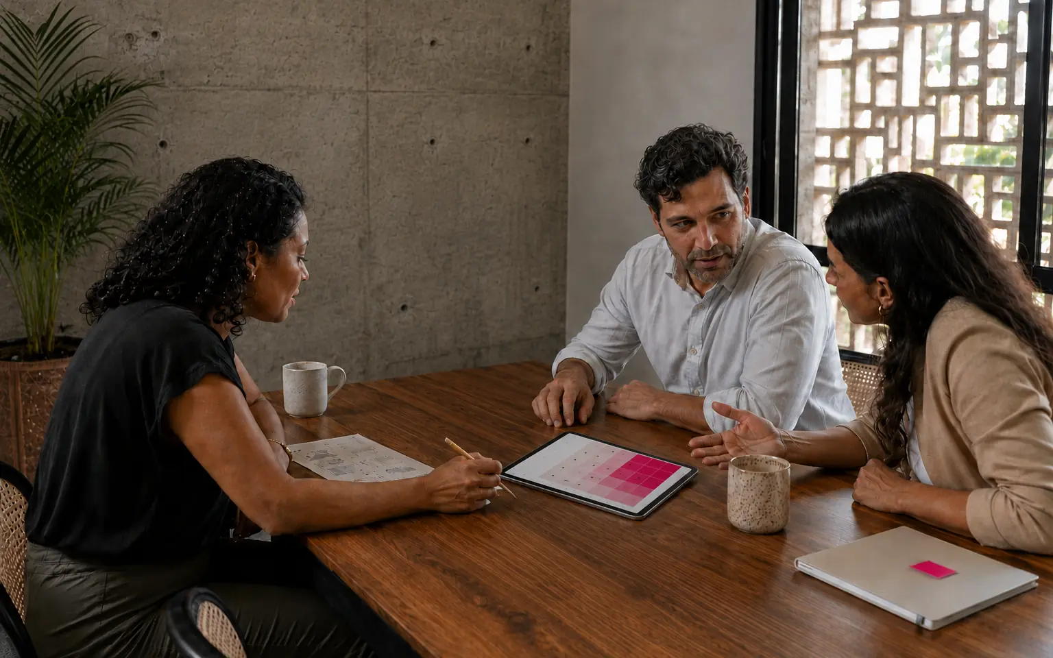Três profissionais em reunião discutindo uma matriz de dados exibida no tablet sobre a mesa