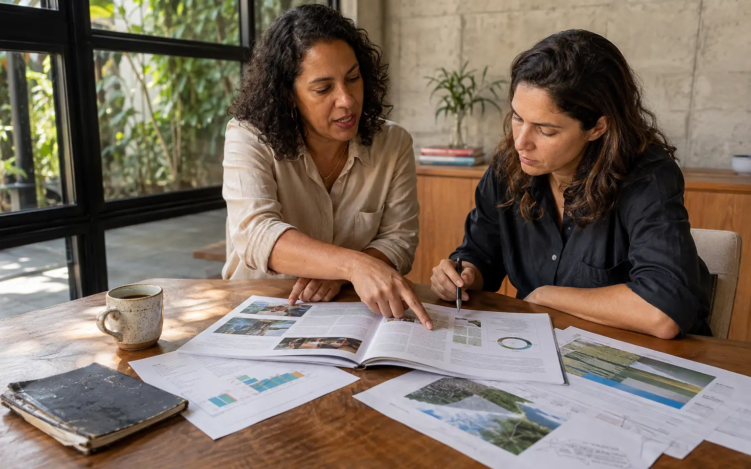 Duas profissionais revisando juntas um relatório de sustentabilidade impresso, com provas e anotações sobre a mesa