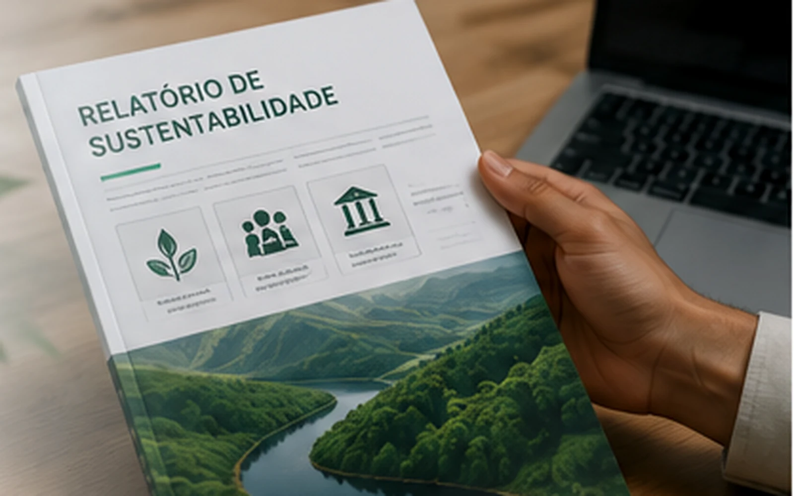 Profissional analisando um relatório de sustentabilidade em ambiente corporativo