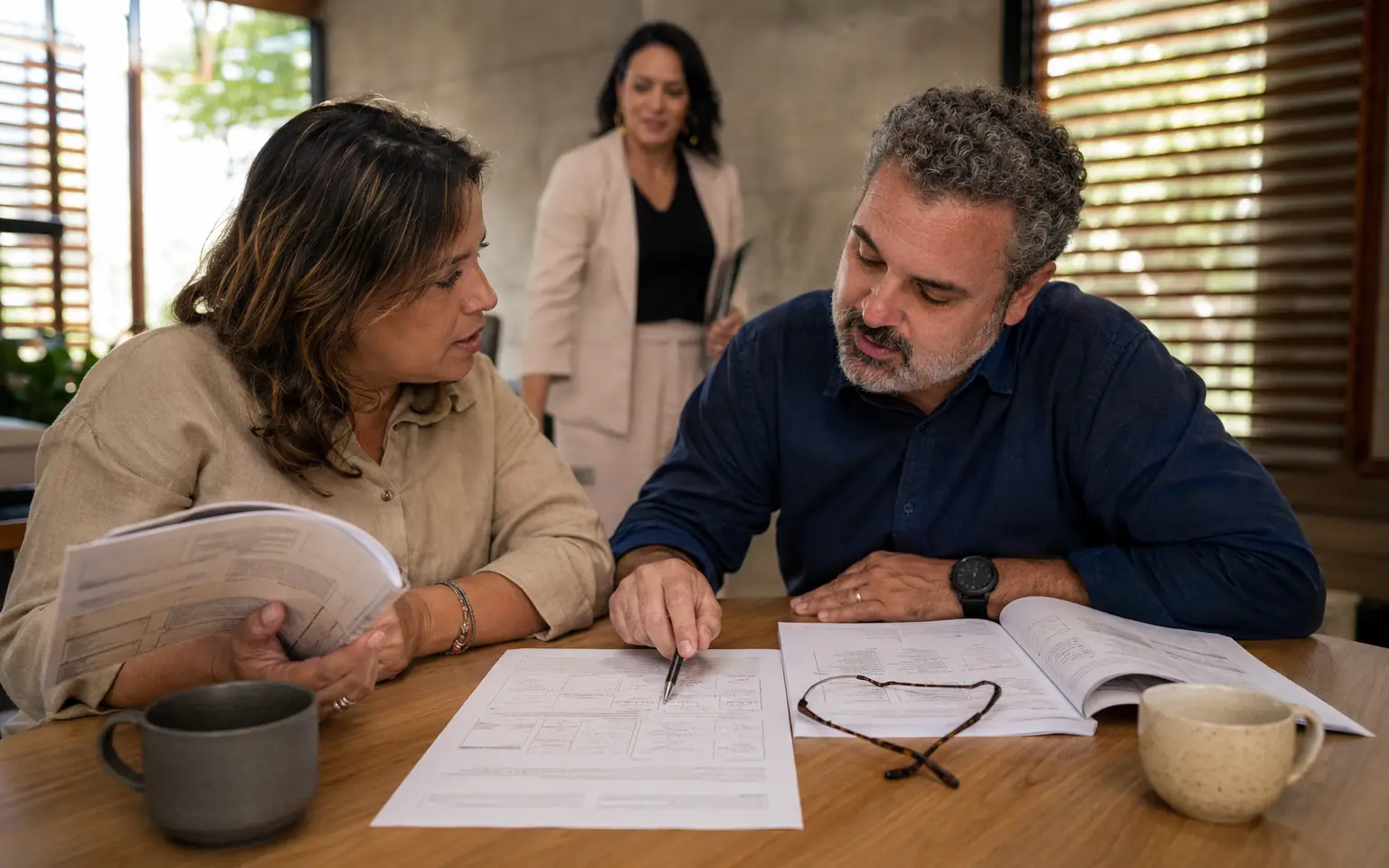 Dupla de participantes resolvendo um exercício impresso, com a instrutora se aproximando ao fundo