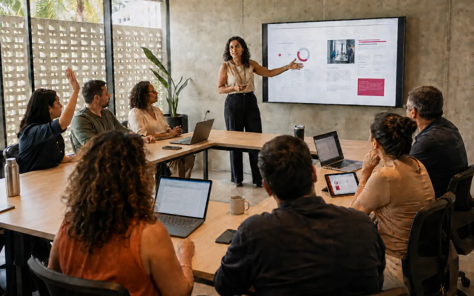 Instrutora apresentando um relatório de sustentabilidade na tela para a turma, com uma participante de mão levantada